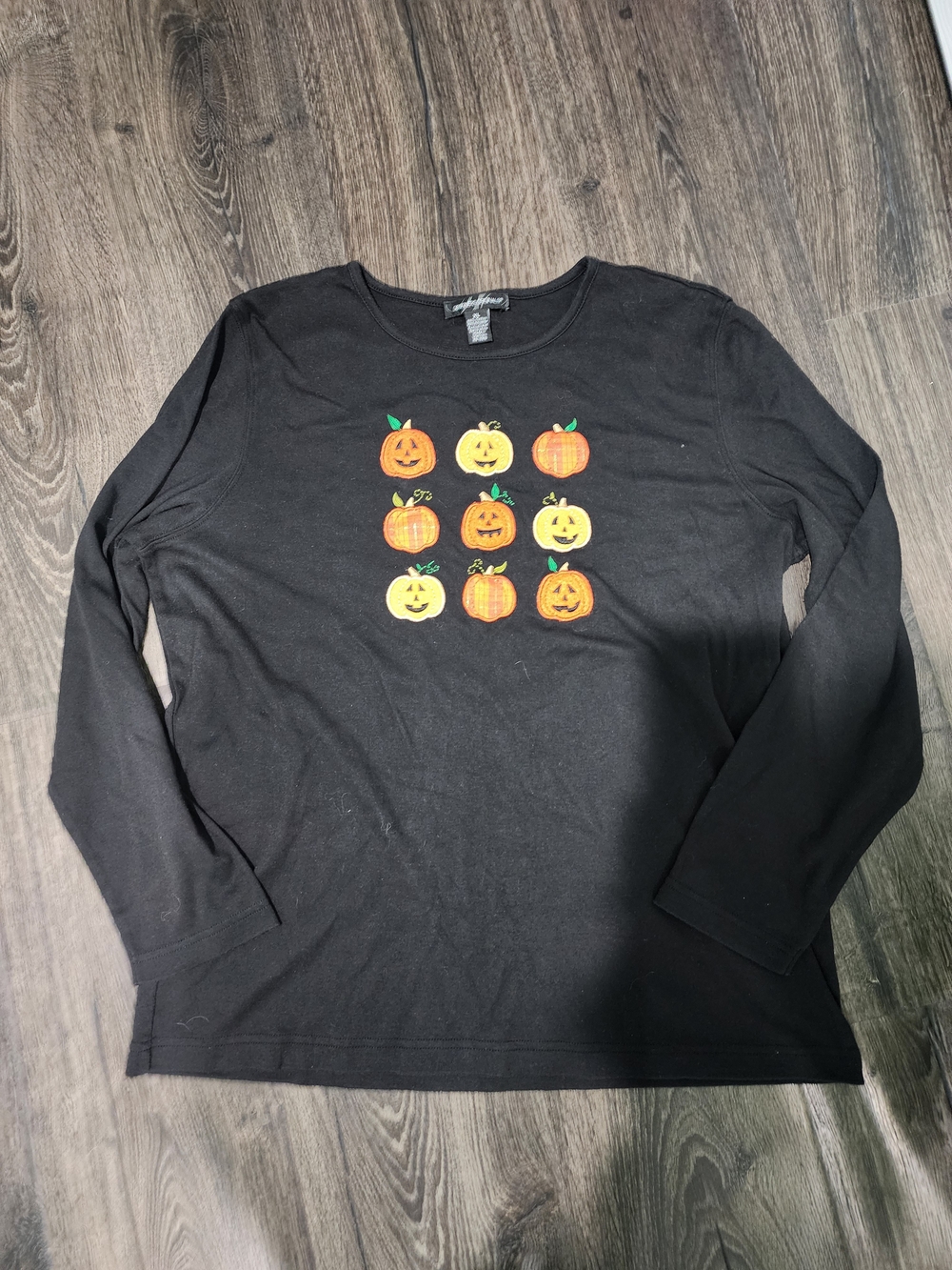 Womens XL Black Halloween Pumpkin Embroidered Long Sleeve Shirt